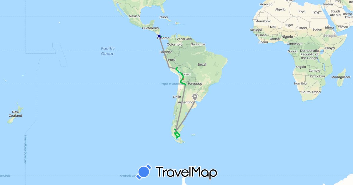 TravelMap itinerary: driving, bus, plane, cycling, hiking, boat in Argentina, Bolivia, Chile, Costa Rica, Peru (North America, South America)